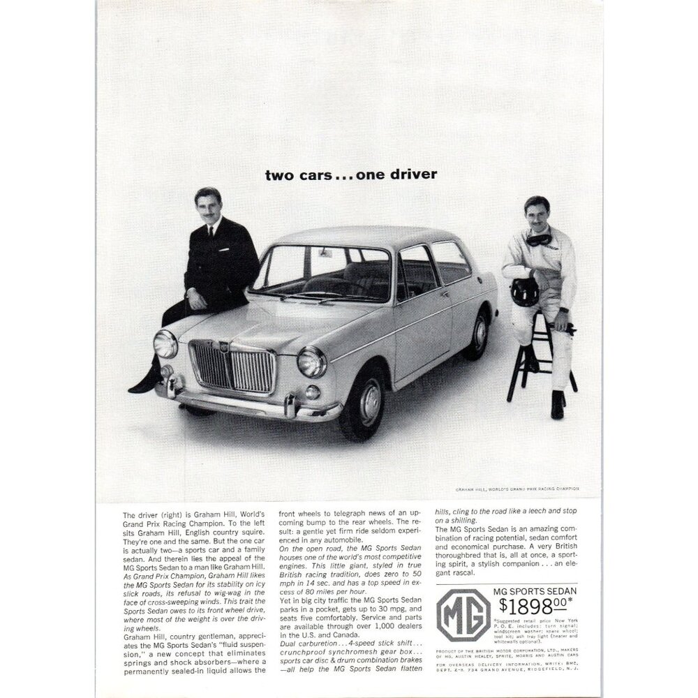 1963 MG Sports Sedan 2 Door Vintage Print Ad Graham Hill Grand Prix Driver Art